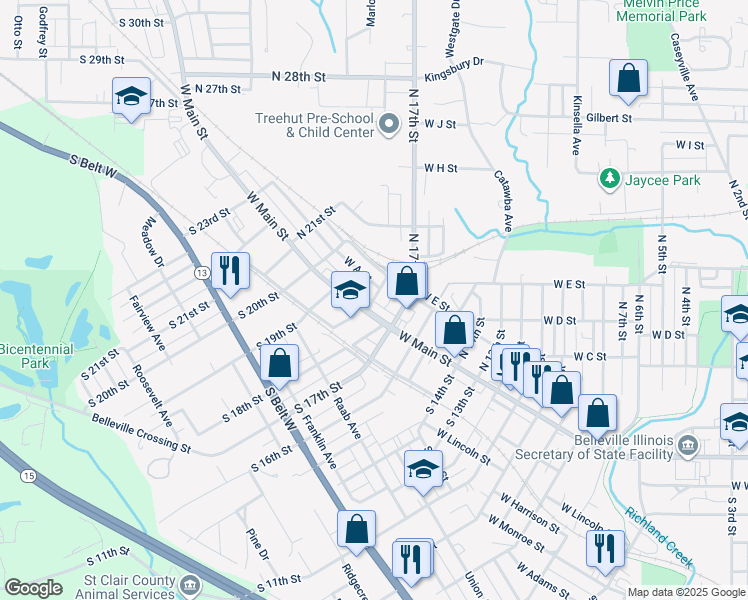 map of restaurants, bars, coffee shops, grocery stores, and more near 9 North 17th Street in Belleville