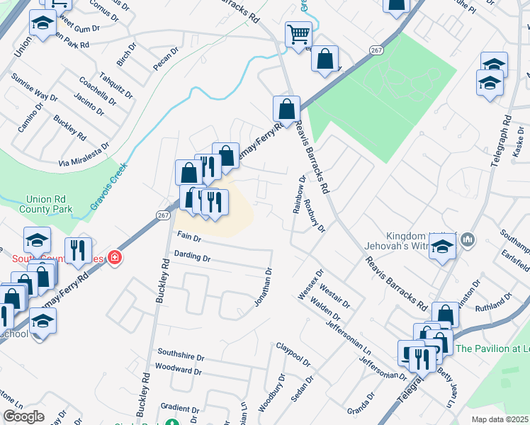 map of restaurants, bars, coffee shops, grocery stores, and more near 2555 Brush Court in St. Louis