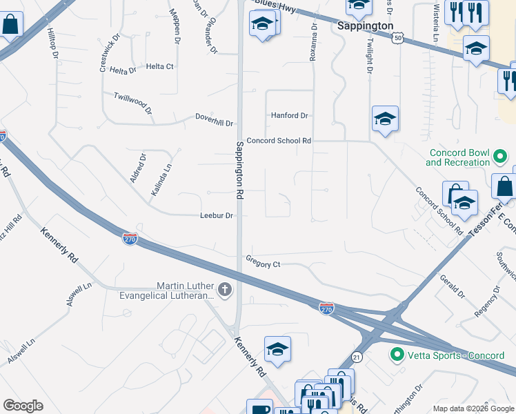 map of restaurants, bars, coffee shops, grocery stores, and more near 10068 Sappington Road in Sappington