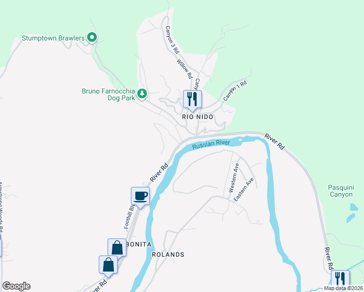 map of restaurants, bars, coffee shops, grocery stores, and more near 14623 River Road in Guerneville