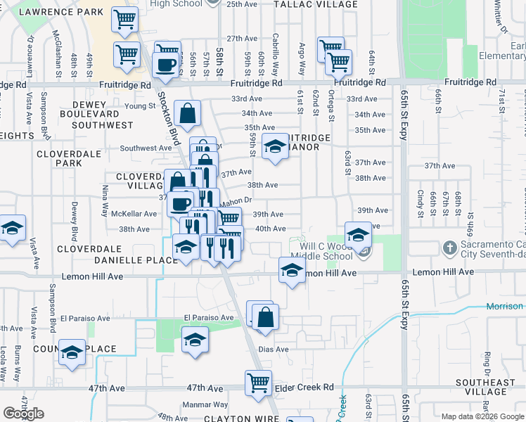 map of restaurants, bars, coffee shops, grocery stores, and more near 5933 60th Street in Sacramento