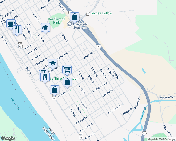 map of restaurants, bars, coffee shops, grocery stores, and more near 2426 South 9th Street in Ironton