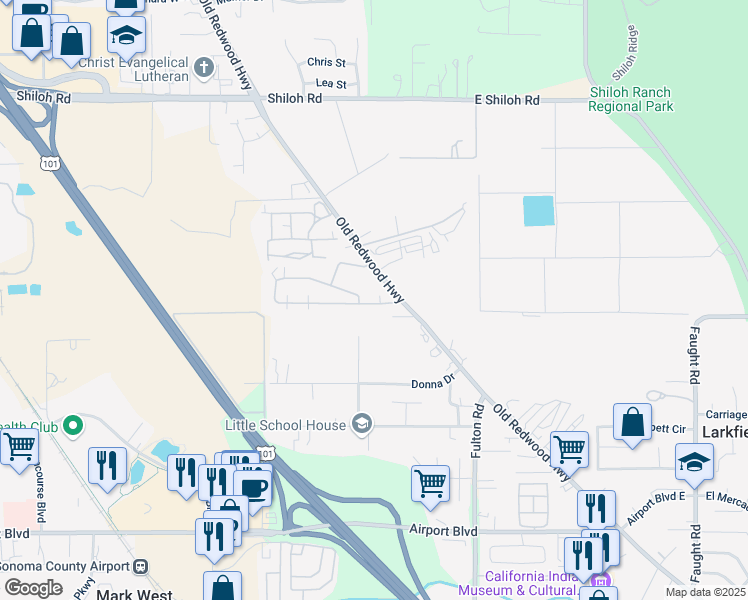 map of restaurants, bars, coffee shops, grocery stores, and more near 5645 Old Redwood Highway in Santa Rosa