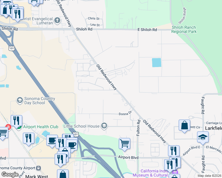map of restaurants, bars, coffee shops, grocery stores, and more near 5645 Old Redwood Highway in Santa Rosa