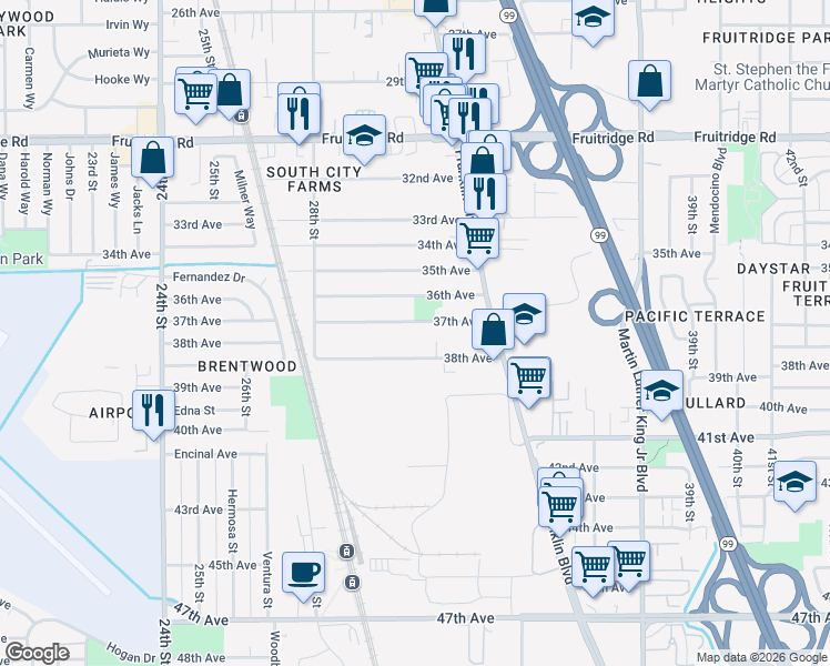 map of restaurants, bars, coffee shops, grocery stores, and more near 3141 38th Avenue in Sacramento