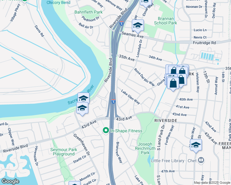 map of restaurants, bars, coffee shops, grocery stores, and more near 1042 Lake Glen Way in Sacramento