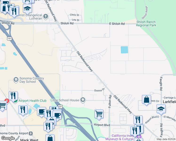 map of restaurants, bars, coffee shops, grocery stores, and more near 5645 Old Redwood Highway in Santa Rosa