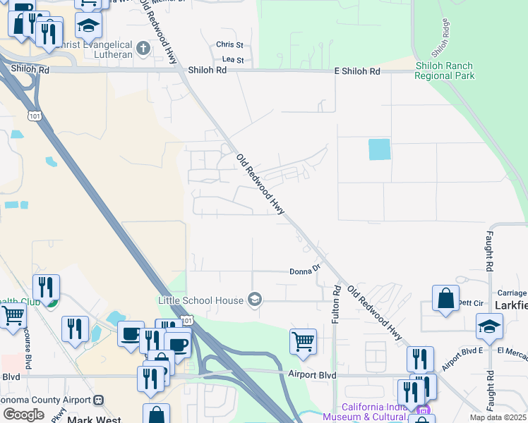 map of restaurants, bars, coffee shops, grocery stores, and more near 5645 Old Redwood Highway in Santa Rosa