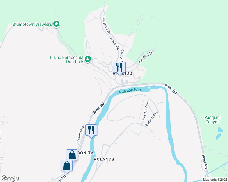 map of restaurants, bars, coffee shops, grocery stores, and more near 14623 River Road in Guerneville