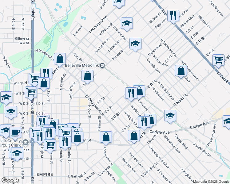 map of restaurants, bars, coffee shops, grocery stores, and more near 314 North Virginia Avenue in Belleville