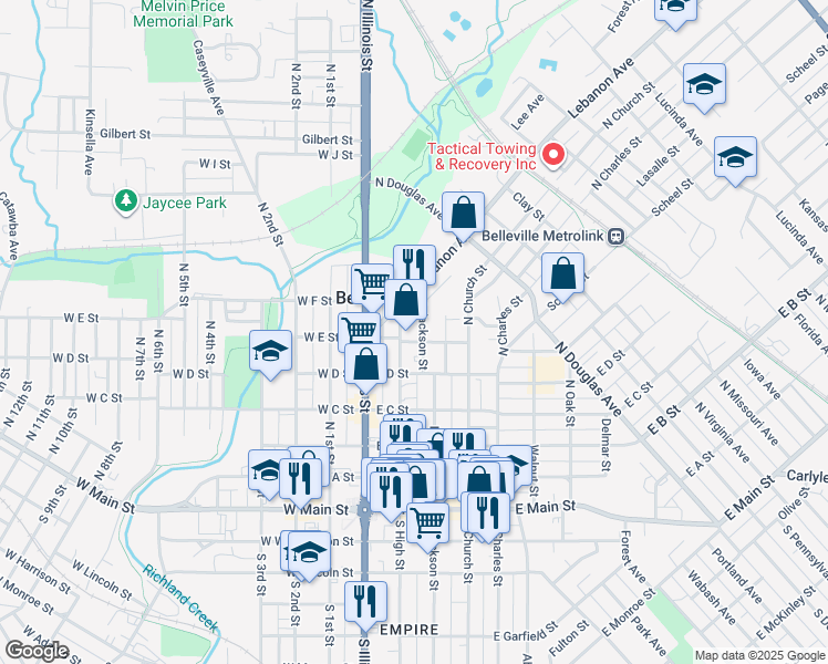 map of restaurants, bars, coffee shops, grocery stores, and more near 202 East E Street in Belleville