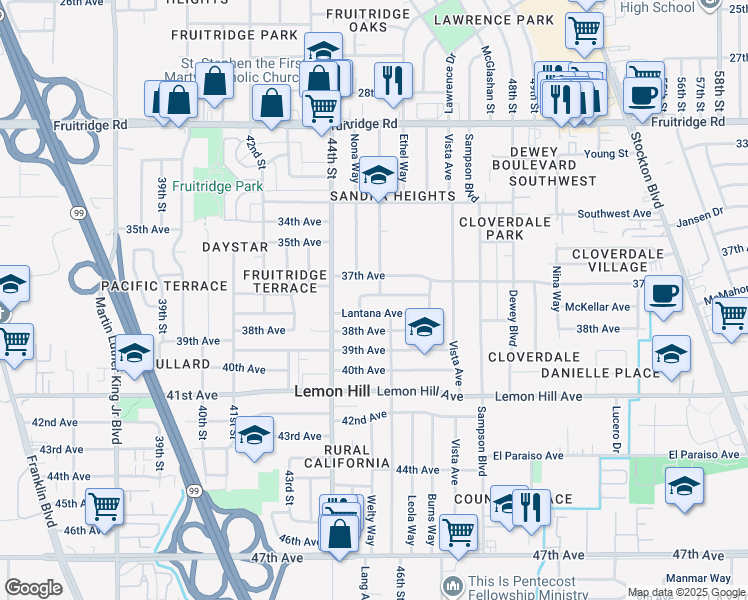 map of restaurants, bars, coffee shops, grocery stores, and more near 4428 Santa Monica Avenue in Sacramento