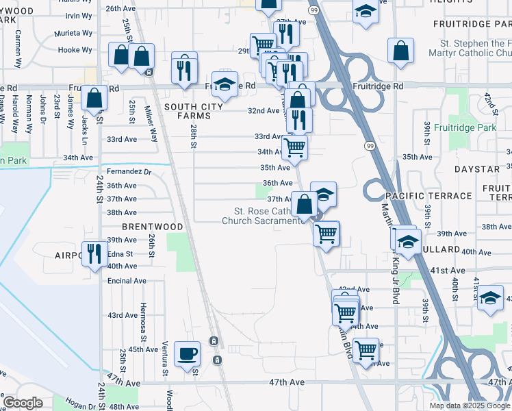 map of restaurants, bars, coffee shops, grocery stores, and more near 3141 38th Avenue in Sacramento