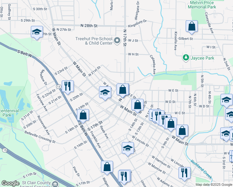 map of restaurants, bars, coffee shops, grocery stores, and more near 26 North 18th Street in Belleville