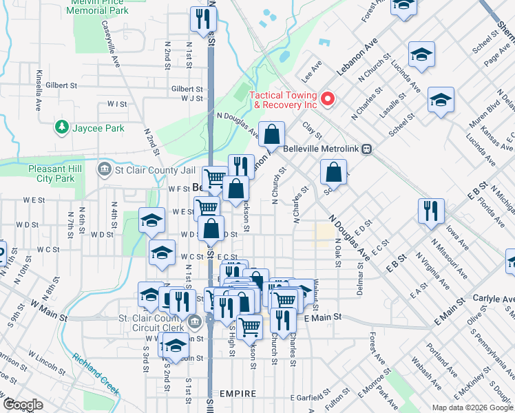 map of restaurants, bars, coffee shops, grocery stores, and more near 202 East E Street in Belleville