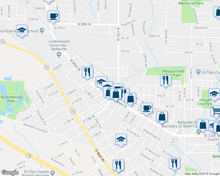 map of restaurants, bars, coffee shops, grocery stores, and more near 9 North 17th Street in Belleville