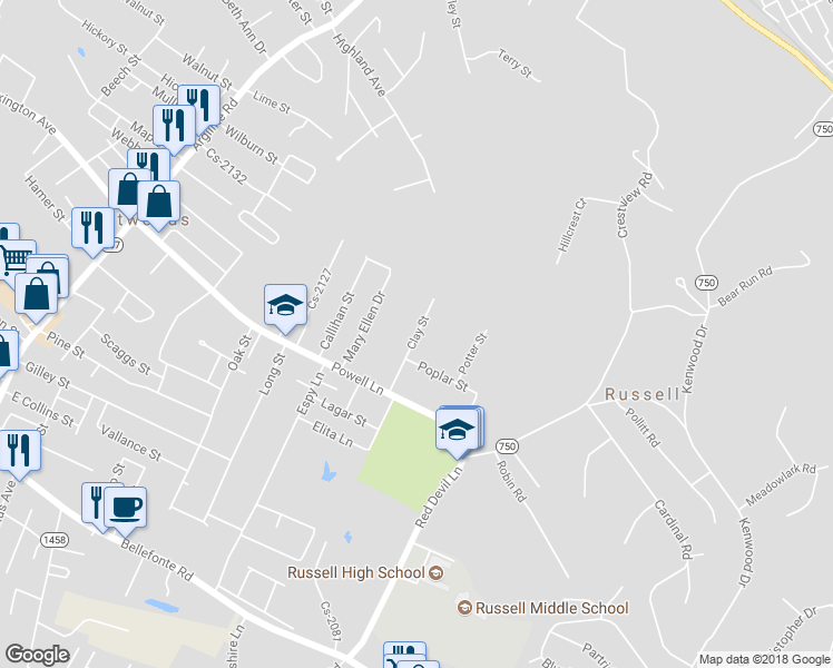map of restaurants, bars, coffee shops, grocery stores, and more near Clay Street in Flatwoods