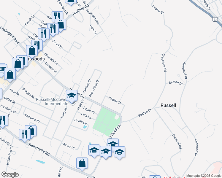 map of restaurants, bars, coffee shops, grocery stores, and more near 1700 Clay Street in Flatwoods