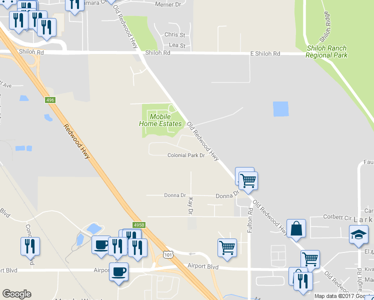 map of restaurants, bars, coffee shops, grocery stores, and more near 600 Colonial Park Drive in Santa Rosa