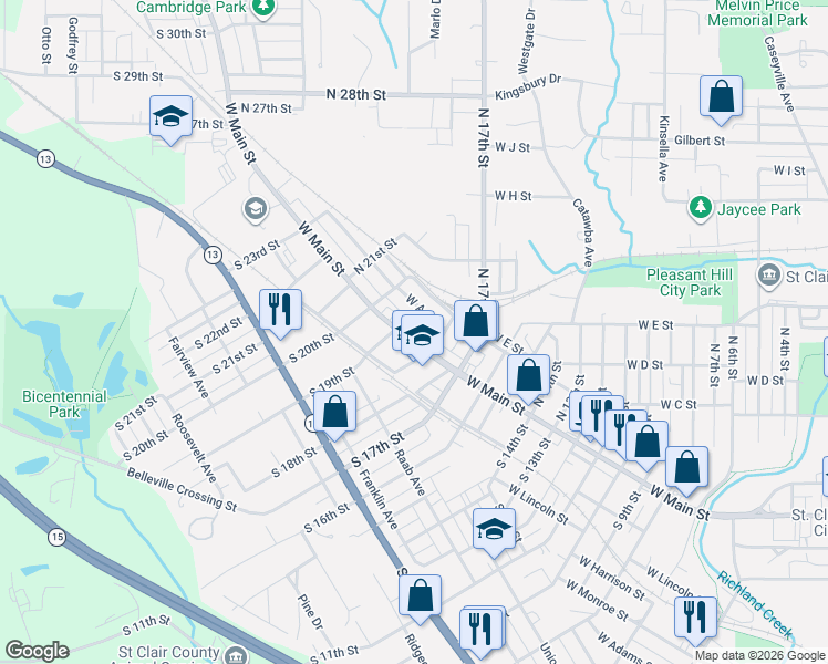 map of restaurants, bars, coffee shops, grocery stores, and more near 1804 West Main Street in Belleville