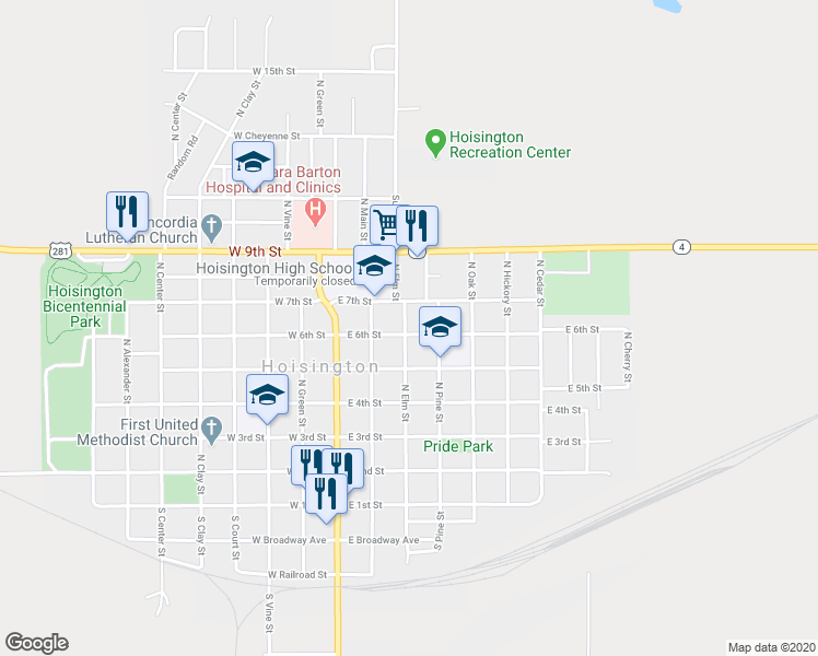 map of restaurants, bars, coffee shops, grocery stores, and more near 300 East 6th Street in Hoisington