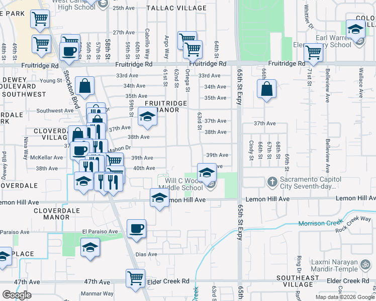 map of restaurants, bars, coffee shops, grocery stores, and more near 5863 62nd Street in Sacramento