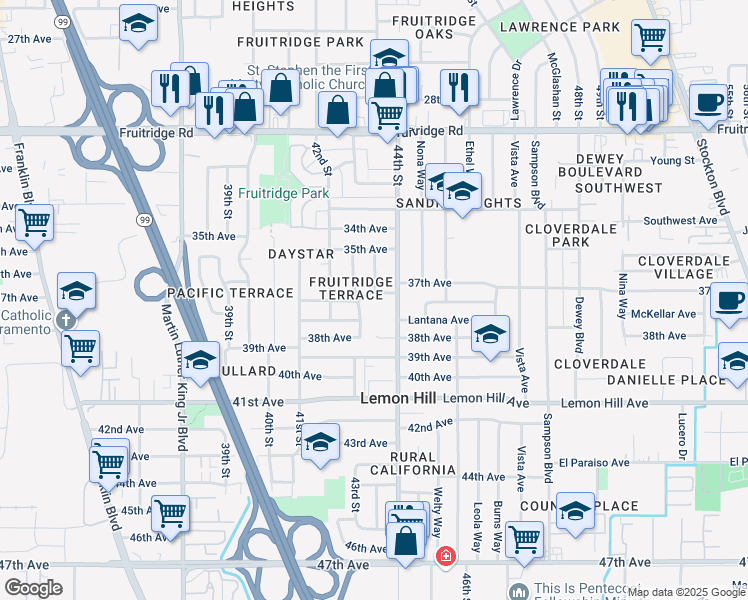 map of restaurants, bars, coffee shops, grocery stores, and more near 5820 43rd Street in Sacramento
