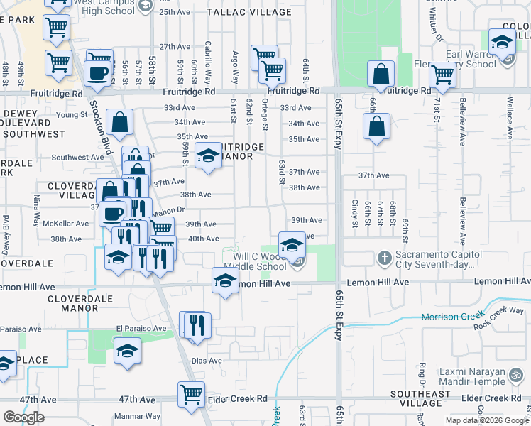 map of restaurants, bars, coffee shops, grocery stores, and more near 5863 62nd Street in Sacramento
