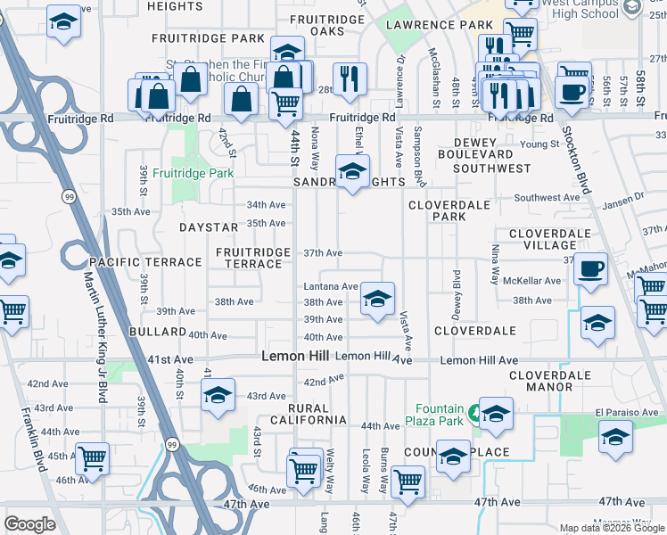 map of restaurants, bars, coffee shops, grocery stores, and more near 4437 37th Avenue in Sacramento