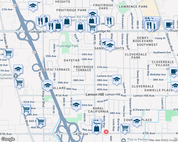 map of restaurants, bars, coffee shops, grocery stores, and more near 5820 43rd Street in Sacramento