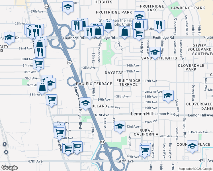 map of restaurants, bars, coffee shops, grocery stores, and more near 5834 40th Street in Sacramento