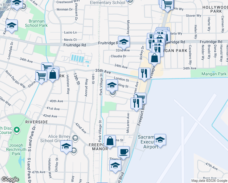 map of restaurants, bars, coffee shops, grocery stores, and more near 1454 Sterling Street in Sacramento