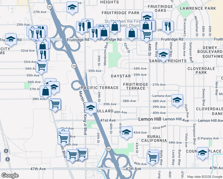 map of restaurants, bars, coffee shops, grocery stores, and more near 5834 40th Street in Sacramento