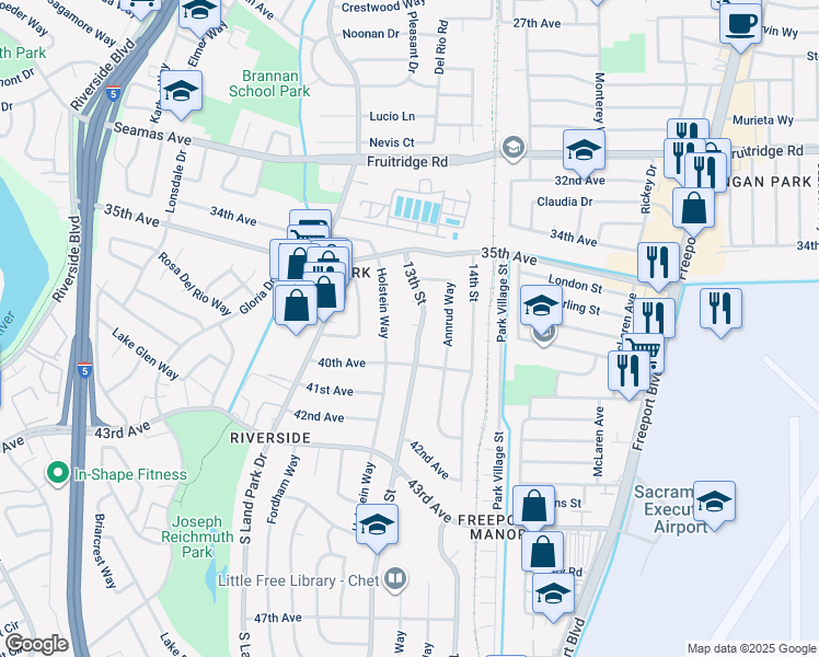 map of restaurants, bars, coffee shops, grocery stores, and more near 5928 13th Street in Sacramento