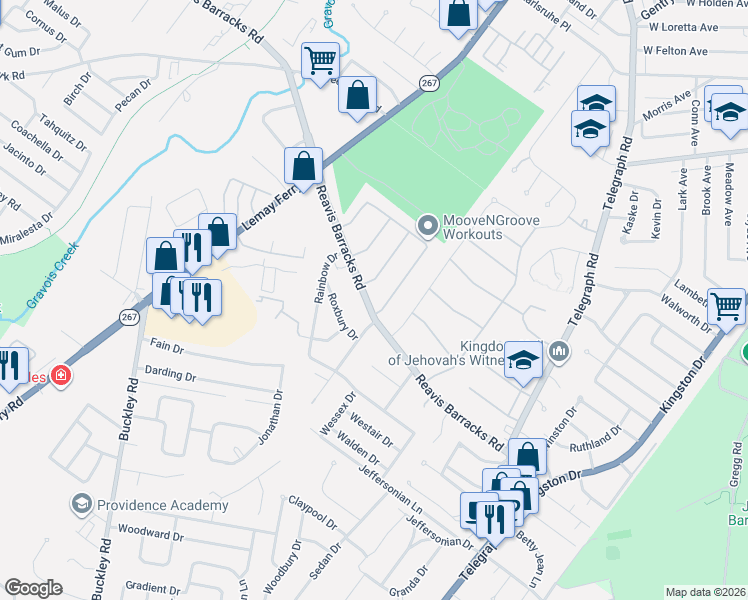 map of restaurants, bars, coffee shops, grocery stores, and more near 1101 Reavis Barracks Road in St. Louis