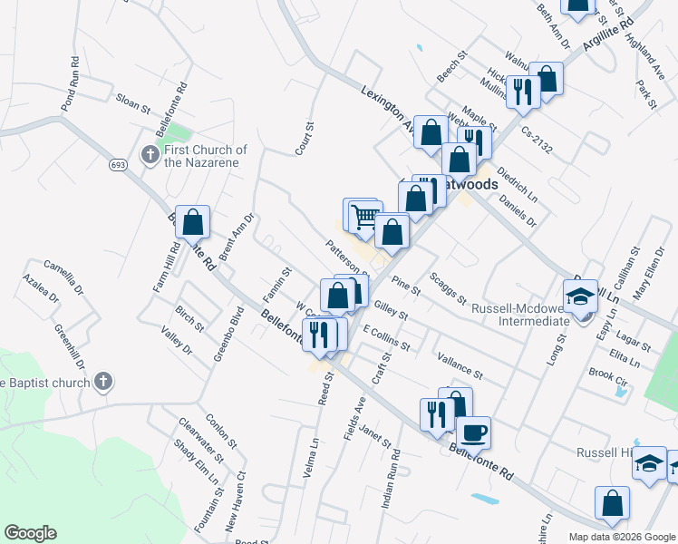 map of restaurants, bars, coffee shops, grocery stores, and more near 1402 Patterson Street in Flatwoods