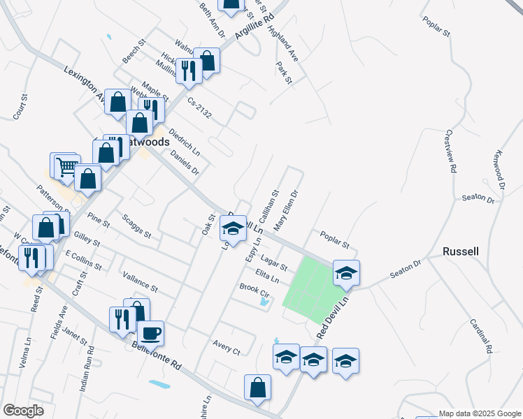 map of restaurants, bars, coffee shops, grocery stores, and more near 1710 Cs-2127 in Flatwoods