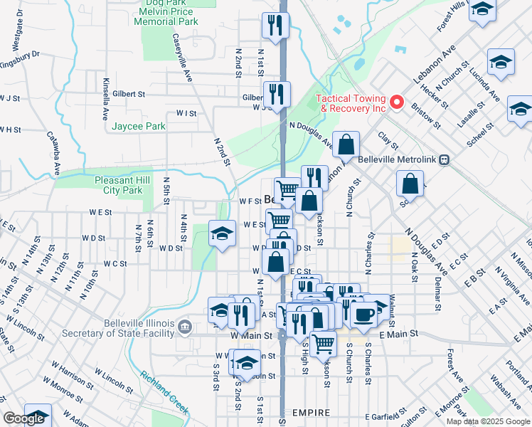 map of restaurants, bars, coffee shops, grocery stores, and more near 15 West F Street in Belleville