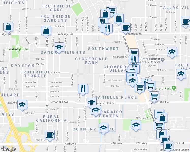 map of restaurants, bars, coffee shops, grocery stores, and more near 5881 Dewey Boulevard in Sacramento