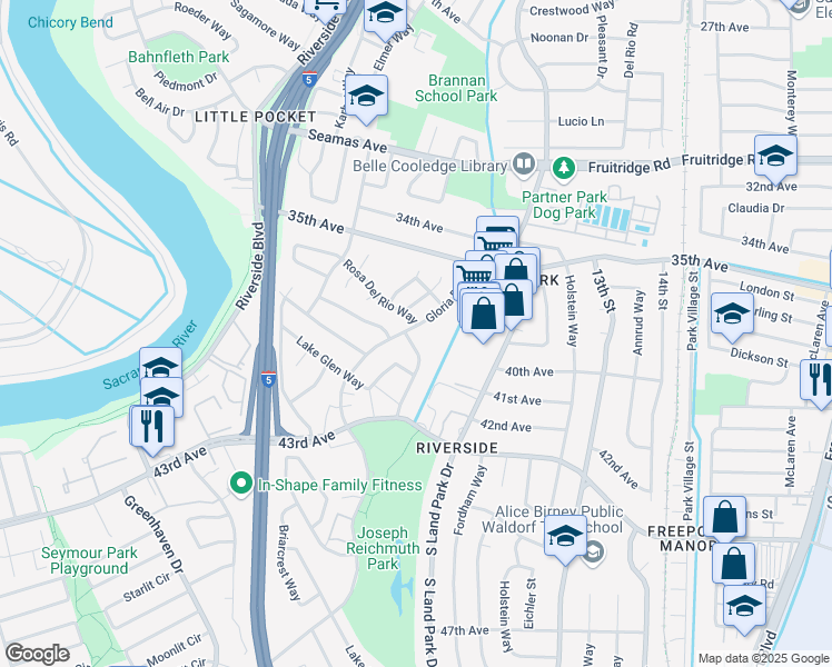 map of restaurants, bars, coffee shops, grocery stores, and more near 1164 Rosa Del Rio Way in Sacramento