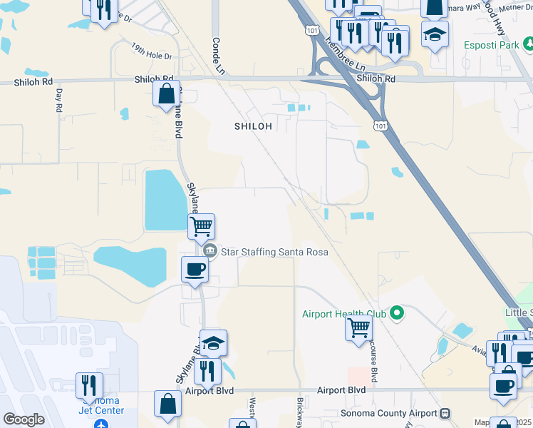 map of restaurants, bars, coffee shops, grocery stores, and more near 1150 Kittyhawk Boulevard in Santa Rosa