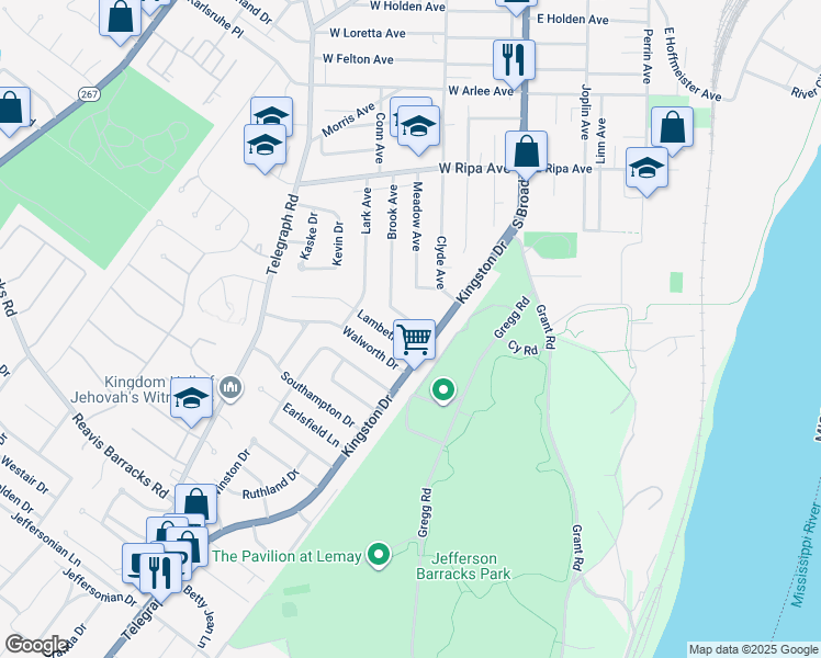 map of restaurants, bars, coffee shops, grocery stores, and more near 227 Carrington Lane in St. Louis