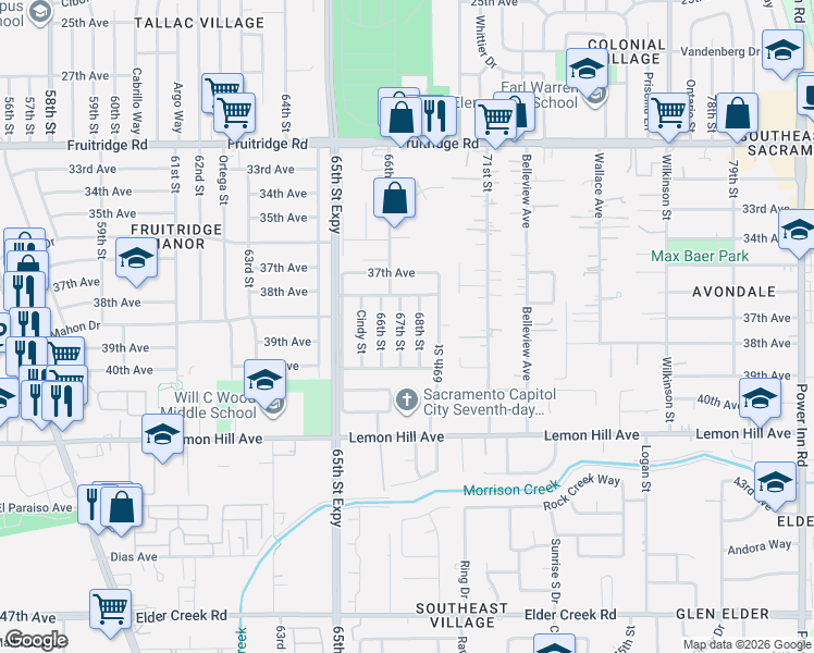 map of restaurants, bars, coffee shops, grocery stores, and more near 5905 67th Street in Sacramento