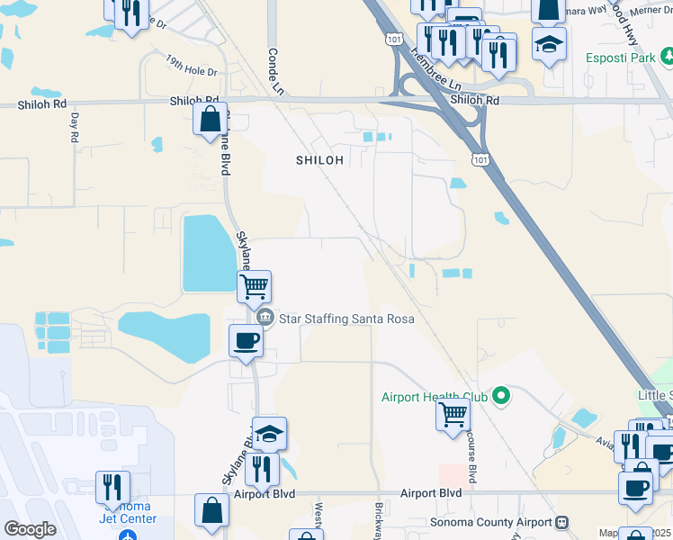 map of restaurants, bars, coffee shops, grocery stores, and more near 1170 Kittyhawk Boulevard in Santa Rosa