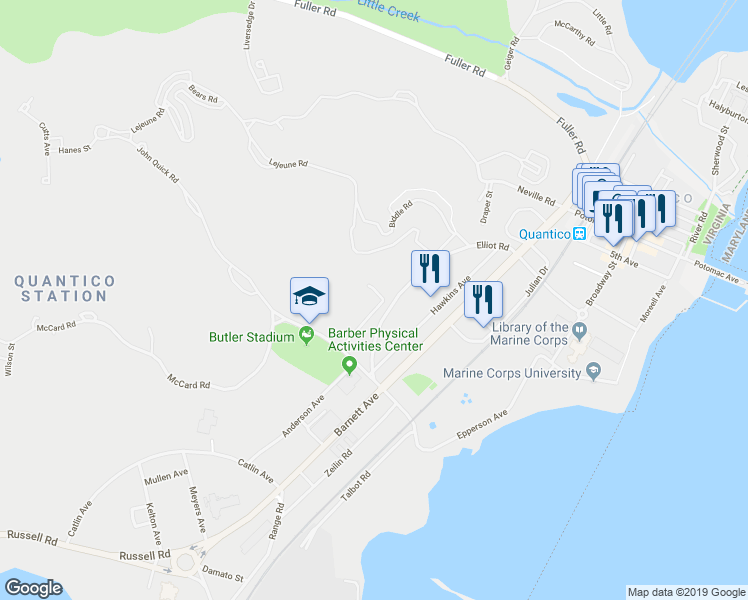 map of restaurants, bars, coffee shops, grocery stores, and more near 1998 Hill Avenue in Quantico