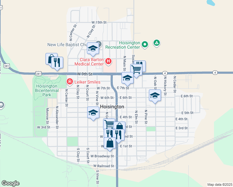 map of restaurants, bars, coffee shops, grocery stores, and more near N Main St in Hoisington