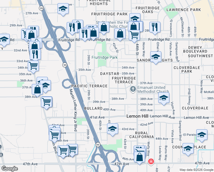 map of restaurants, bars, coffee shops, grocery stores, and more near 5825 41st Street in Sacramento