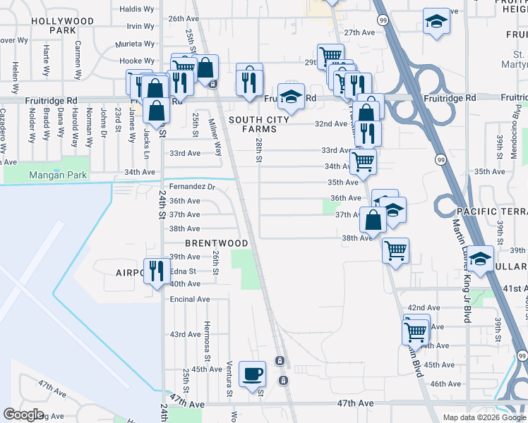map of restaurants, bars, coffee shops, grocery stores, and more near 5860 28th Street in Sacramento