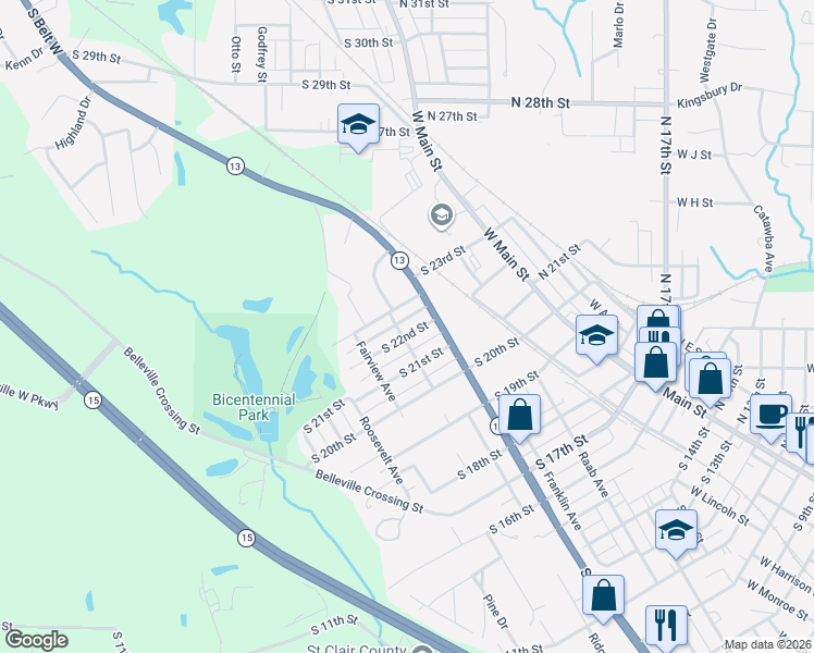 map of restaurants, bars, coffee shops, grocery stores, and more near 416 South 23rd Street in Belleville