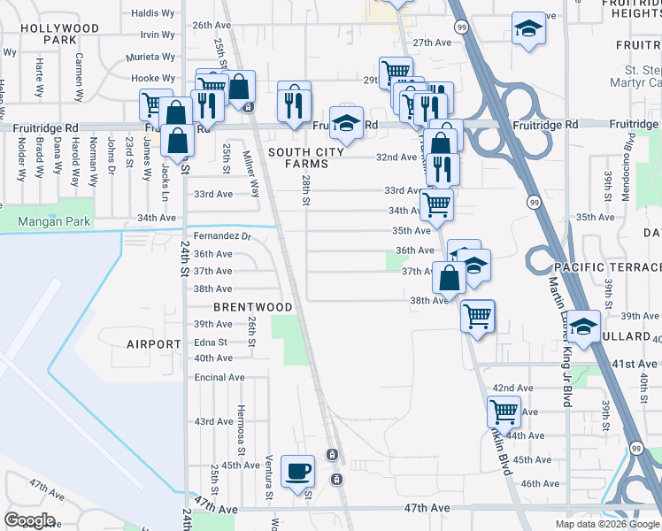 map of restaurants, bars, coffee shops, grocery stores, and more near 2870 36th Avenue in Sacramento